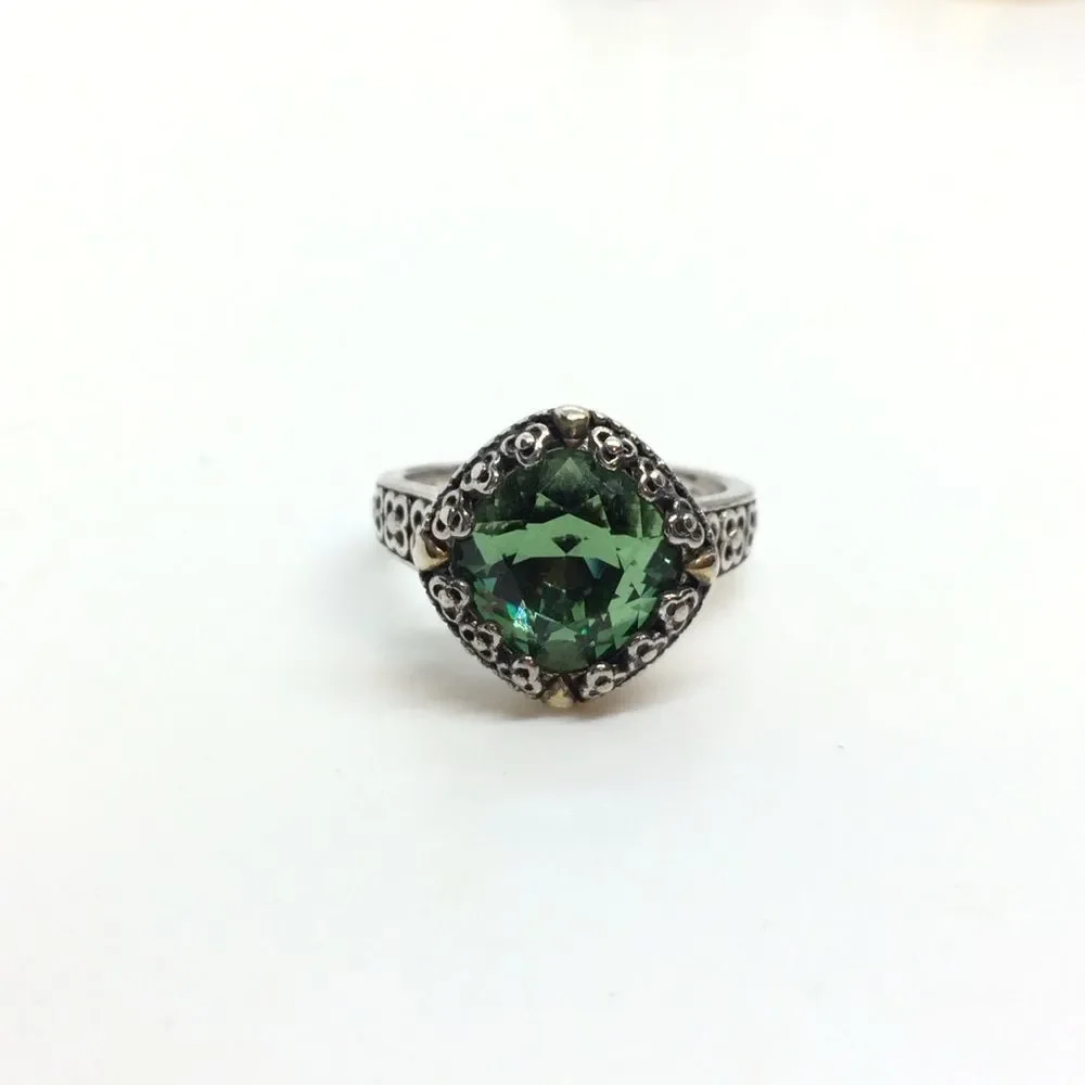 STERLING SILVER RING Green Glass Filigree Statement Ring Sz 7.25